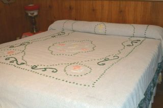 CHENILLE BED SPREAD,  VINTAGE GREEN AND WHITE WITH FLOWERS 2