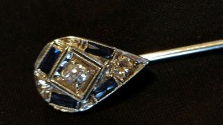 Estate Art Deco 18k White Gold Diamond & Sapphire Stick Or Hat Pin