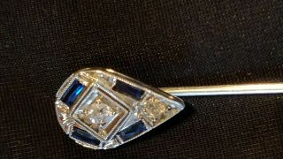 Estate art deco 18k white gold diamond & sapphire stick or hat pin 2