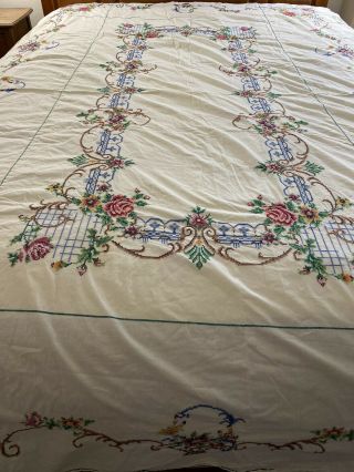 Vintage Handmade Cross Stitch Tablecloth 62 " X 96
