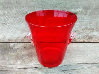 Decorative Red Glass Ice Bucket With Ornate Clear Glass Handles,  Regular Size