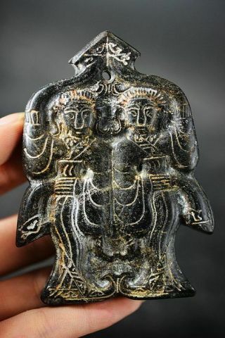Chinese Magnet Jade Stone Carved Two Dancer Pendant H2