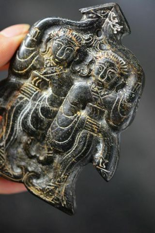 Chinese Magnet Jade Stone Carved Two Dancer Pendant H2 3