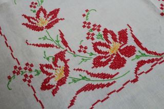 Vintage Fab Hand Embroidered Tablecloth 48x52 Red Flowers & Crochet