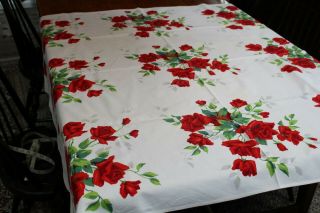 Vintage Cotton Wilendur Tablecloth Shaded Red Roses 50x54