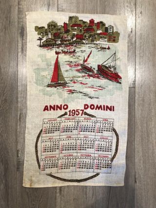 Vintage Tea Towel Linen 1957 Calendar Anno Domini Theme 29” X 17”