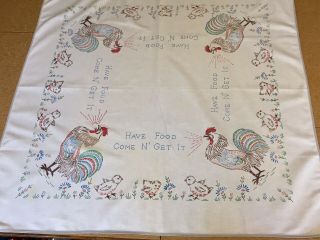 Vintage White Cloth Tablecloth W/ Chickens,  Hens,  Country Farmhouse Decor.