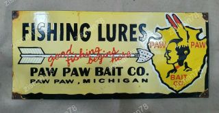 Fishing Lures Paw Paw Bait Co.  Vintage Porcelain Sign 18 X 8 Inches