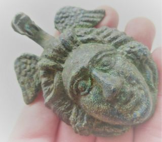European Finds Ancient Roman Bronze Casket Mount Face With Bird On Top 200 - 300ad