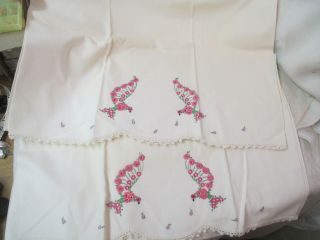 Vintage Pair Cotton Pillowcases Embroidered Pink & Green Birds Crochet Border