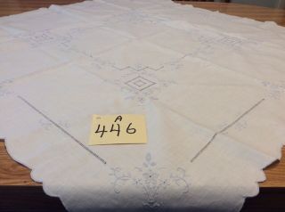 32”sq.  Table Topper Fine White Linen Pretty Cut Work Blue Embroidery