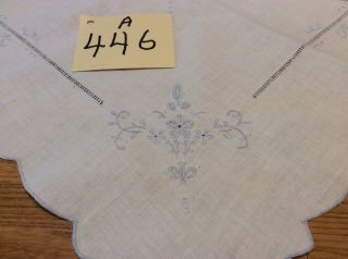 32”sq.  Table Topper Fine White Linen Pretty Cut Work Blue Embroidery 2