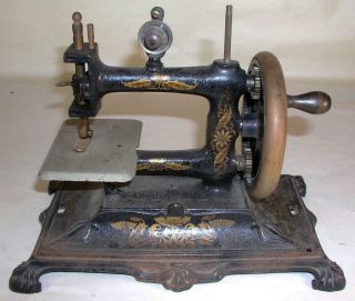 Antique German Muller Cast Iron Table Top Crank Toy Sewing Machine With Paw Foot