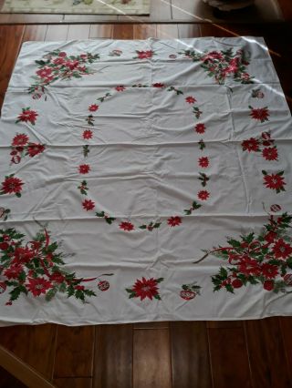Vintage Christmas Fabric Tablecloth 52 X 56 Inches Poinsettia,  Ornaments