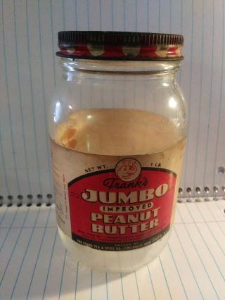 Vintage Franks Jumbo Brand Peanut Butter Jar Label & Lid 1 Lb