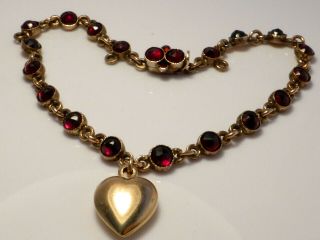 Fine Antique 9k 9ct Gold & Rose Cut Garnet Fancy Link Heart Bracelet 7 " 5.  1g