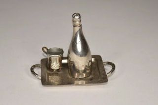 Antique White Metal Tray With Bottle And Thimble Figural Tape Measure