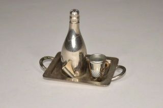 ANTIQUE WHITE METAL TRAY WITH BOTTLE AND THIMBLE FIGURAL TAPE MEASURE 2