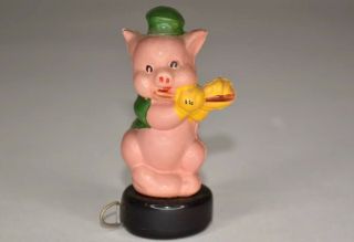 Antique Celluloid Pig Playing Flute Figural Tape Measure - 3”h