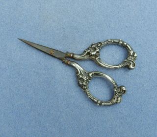 Antique Sterling Silver 925 Chatelaine Sewing Scissors Lily Flower Scroll 4 "