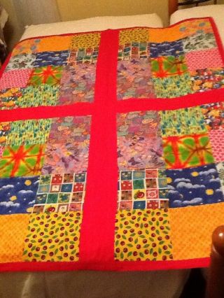 Vtg Handmade Hand Stitched Bright Colored Red Trim Patchwork Quilt 65 X 51 ",
