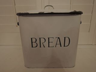Vintage English Enamel White Bread Box Enamelware Graniteware Bin