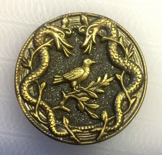 Large Antique Metal Picture Button,  Bird In The Garden With Snakes