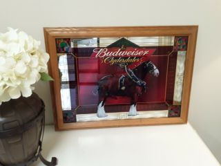 Vintage Wood Framed Budweiser Clydesdales Beer Bar Tavern Mirror Sign
