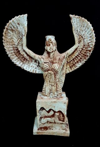Rare Isis Egyptian Statue Goddess Wings Open Winged Figurine Ancient Kneeling