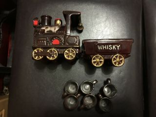 Vintage Ceramic Steam Train Whisky Decanter Made In Japan With 6 Shot Glasses