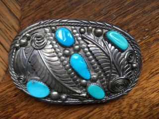 Vintage 1960 - 70 Signed Navajo Vern Begay Sterling Silver Turquoise Belt Buckle