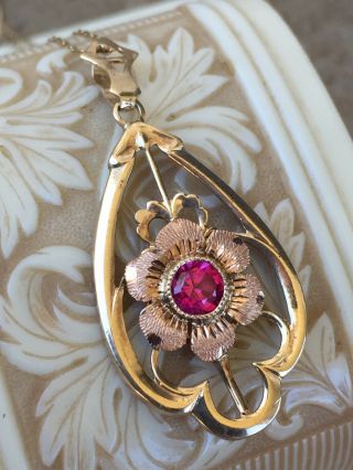 Art Deco Era Esemco 10k Rose Yellow Gold Ruby Victorian Necklace 22” 10k Chain