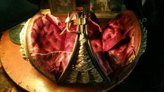 Antique English Woven Natural Wicker W Fushia Tufted Silk Interior Sewing Basket