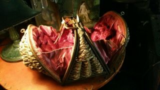 Antique English Woven Natural Wicker w Fushia Tufted Silk Interior Sewing Basket 2