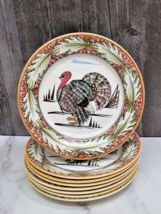 Set 8 Vintage M Lupi Hand Painted Turkey Thanksgiving Plates 10.  25 " Majolica Htf
