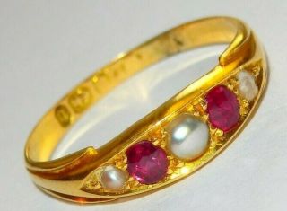 Pretty Victorian 18ct Gold Ruby And Pearl Ring H/m Birm 1894