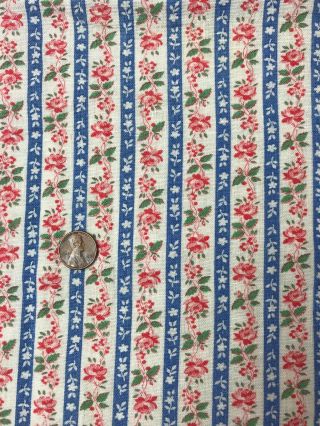 Vintage Feed Sack Cotton Fabric Remnant Blue Pink Rose Stripe 36 X 42 "