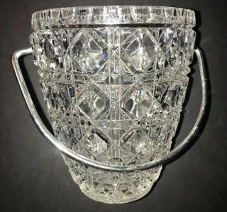 Vintage Mid - Century Clear Cut - Glass Ice Bucket (silver Handled) Diamond Pattern