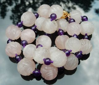 Vintage 19 " Deco Chinese Export Carved Rose Quartz Shou Bead Necklace 15mm Beads