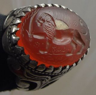 Islamic,  Carnelian Agate Silver Ring Engraved,  Qajar Emblem,  Lion,  Sun,  Sword