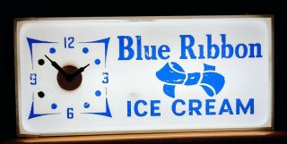 Vintage Blue Ribbon Ice Cream Lighted Clock Sign 50s Old Store Soda Display Rack