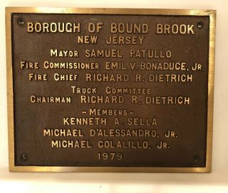 Vintage Fire Truck Dedication Plaque From Bound Brook Jersey Fire Department