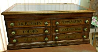 Antique J&p Coats Spool Oak Cabinet Desk - 6 Drawers