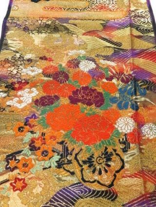 Ge11z120 Japanese Kimono Silk Uchikake Fabric Gold Flower Cart 33.  1 "