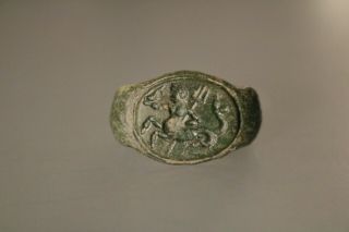 Ancient Fantastic Roman Bronze Ring Neptune 1st - 4th Century Ad