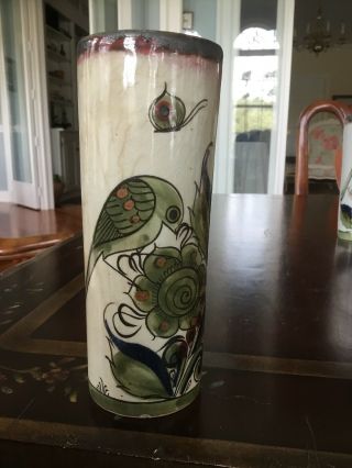 Vtg El Palomar Pottery Cylinder Bird Vase Tonala Mexico By Ken Edwards Green/red