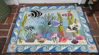 Vintage Claire Murray Hooked Rug 28 X 39 - - - SWIMMING FISH IN CORAL 2