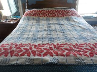 Vintage Cotton Blanket Red White And Blue W Leaves Design 72 " X 68 " 2 Sided