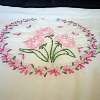 Single Embroidered Vintage Pillow Case Pink Flowers Green Leaves Soft Feminine