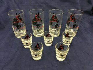 Mid Century Red and Black Horse Head,  Hat & Spurs,  4 High Ball & 5 Shot Glasses 2
